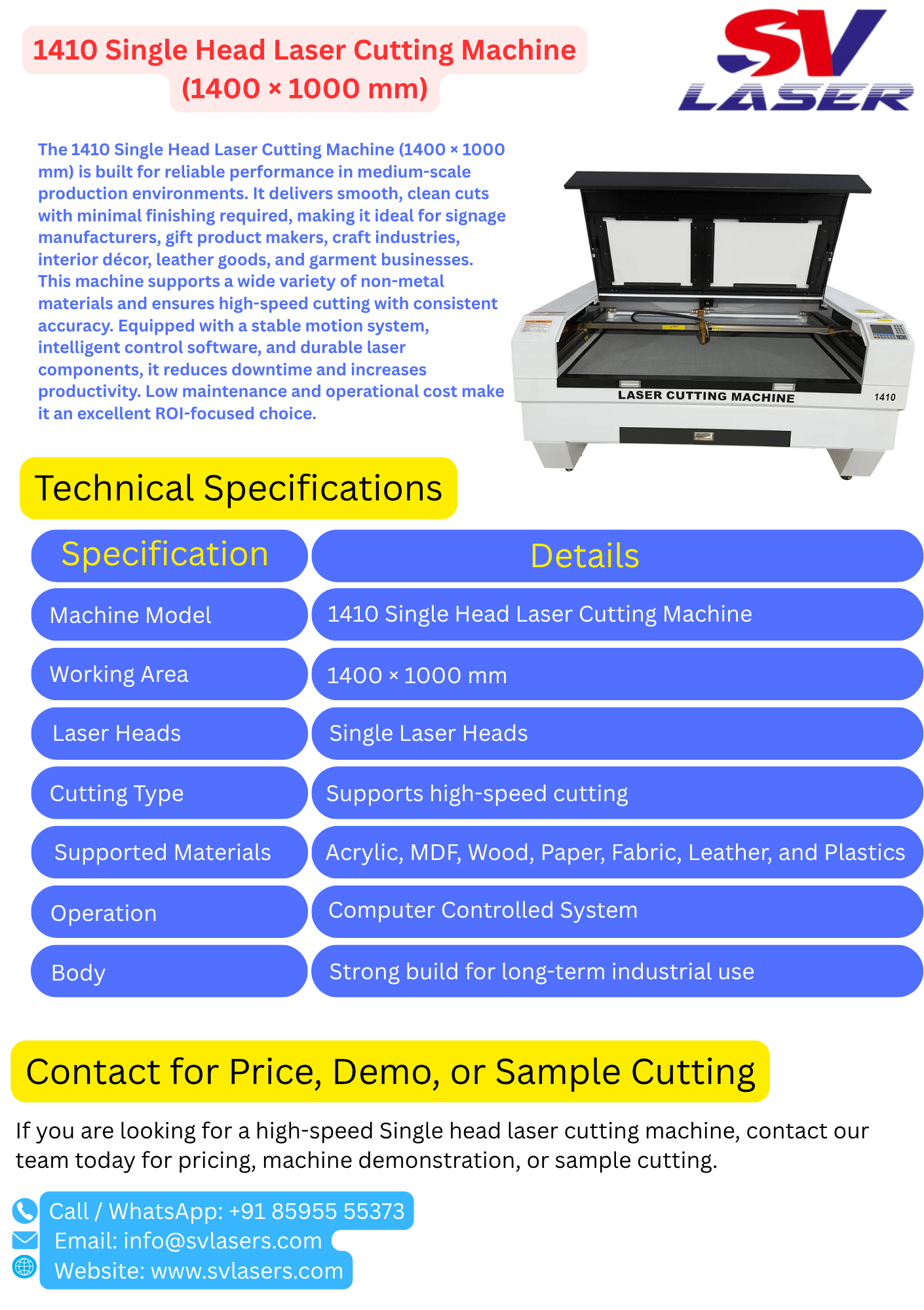 1410 Single Head Laser Cutting Machine (1400 × 1000 mm)